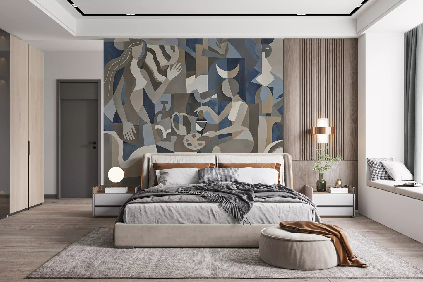 Bedroom view layered with stone neutrals and the Lunar Eclipse wall mural.