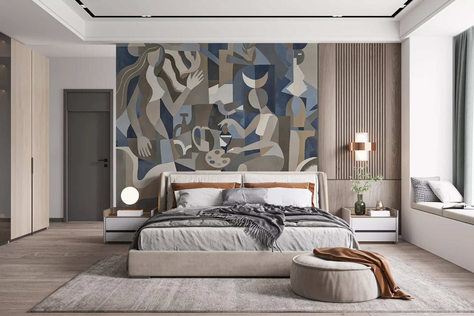 Bedroom view layered with stone neutrals and the Lunar Eclipse wall mural.