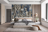 Bedroom view layered with stone neutrals and the Lunar Eclipse wall mural.
