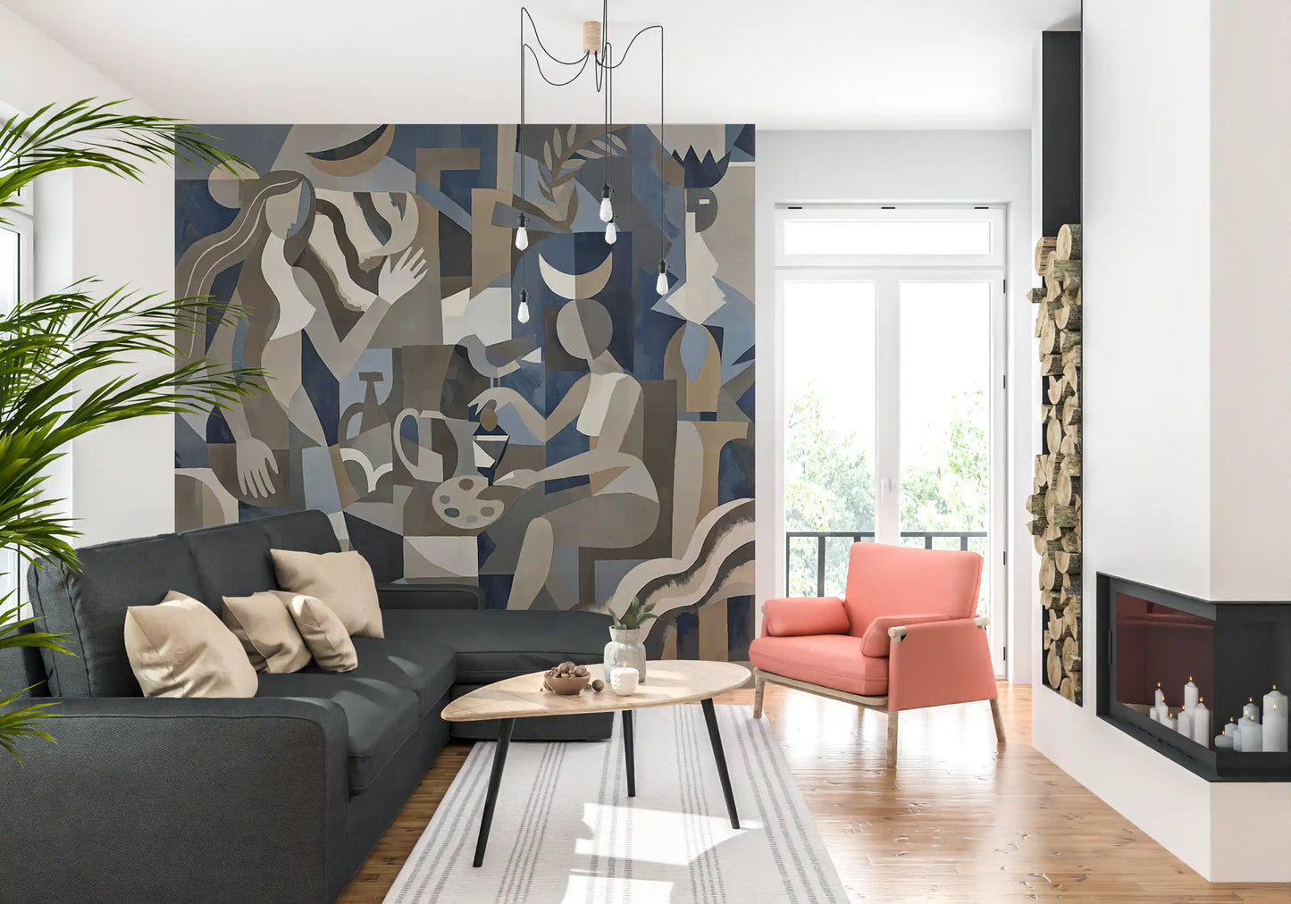 Slate blue blocks meet ivory and taupe shapes in the Lunar Eclipse wall mural.