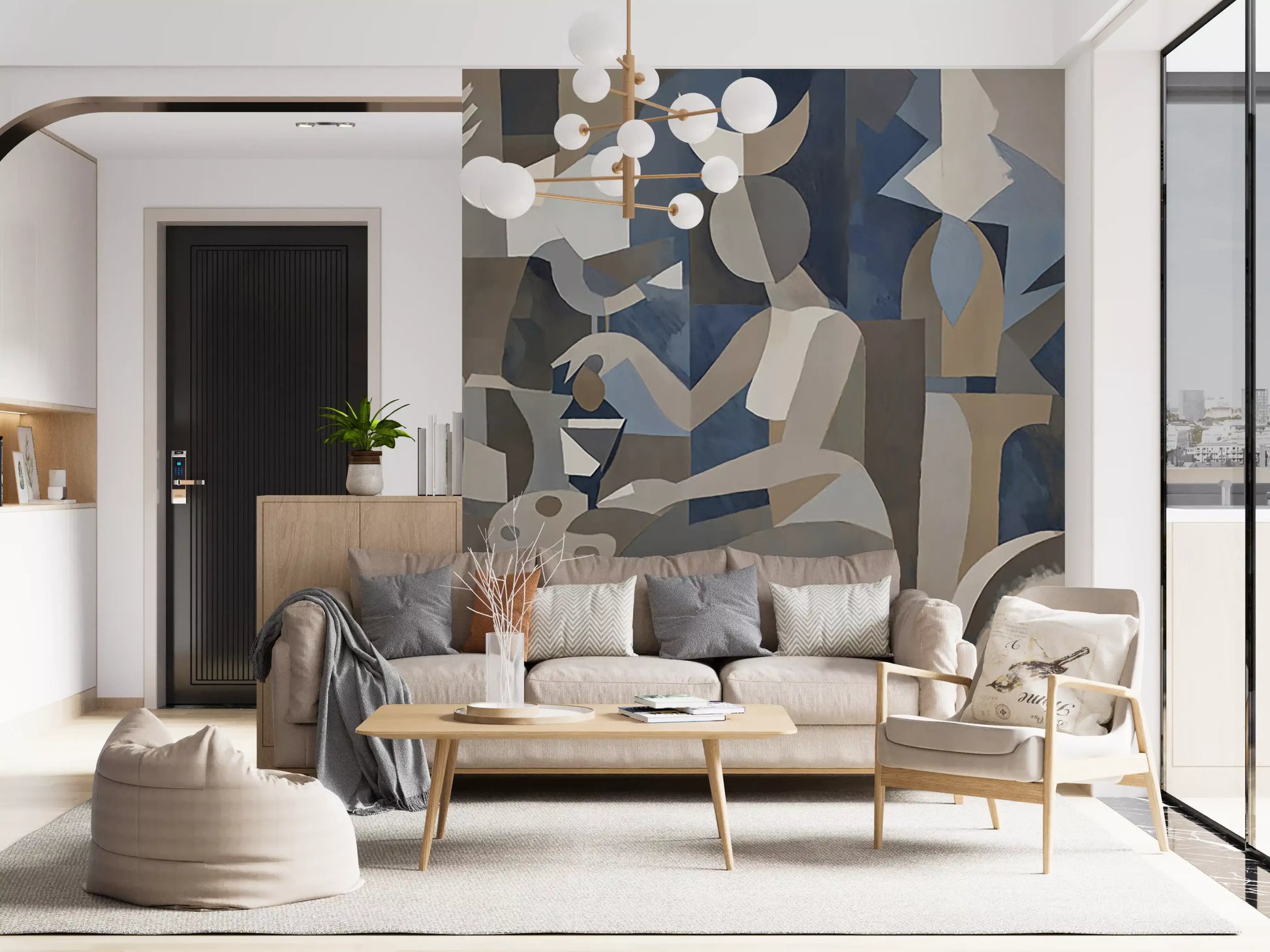 Cubist female figures and crescent moons run through the Lunar Eclipse wall mural.