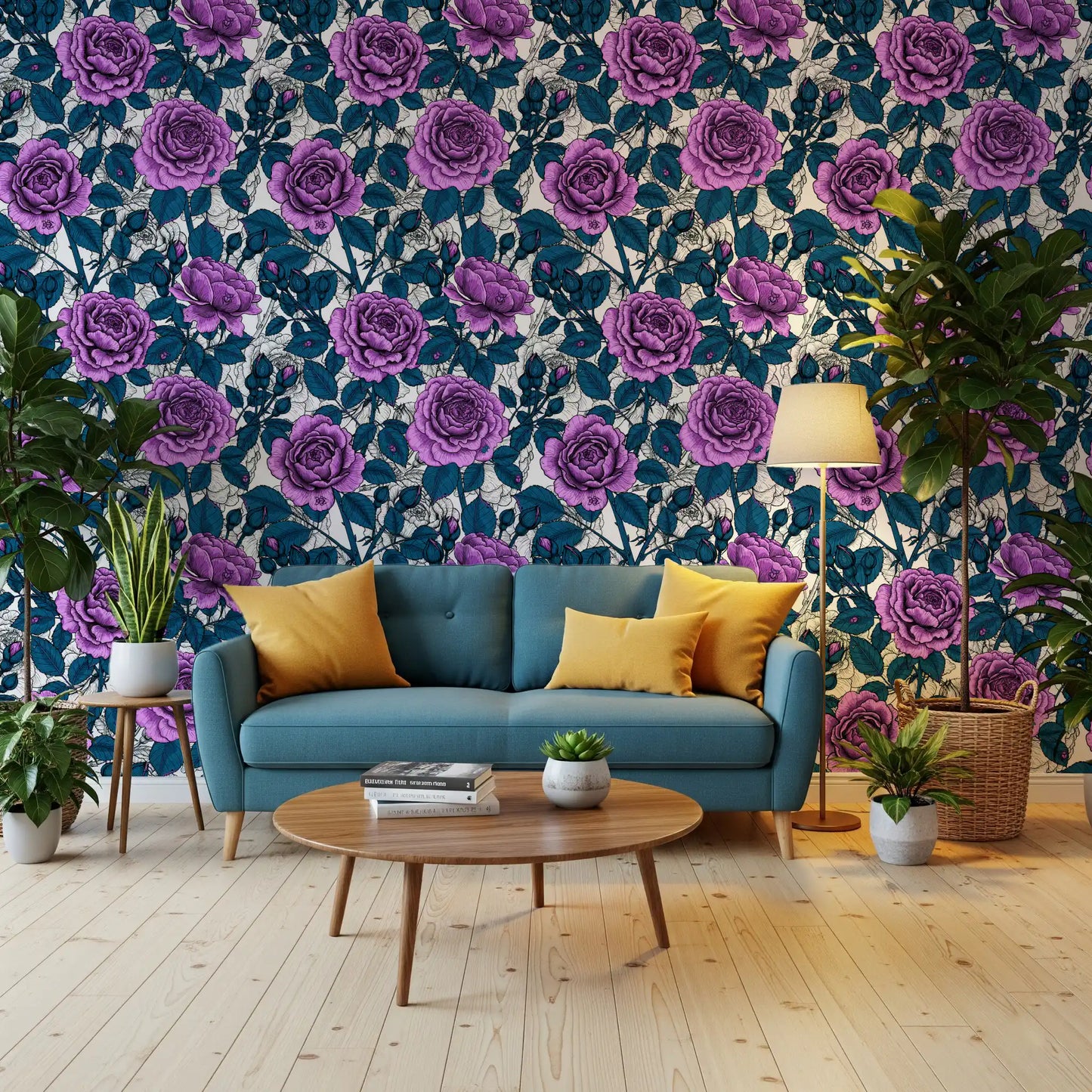 Papier peint jardin de roses violettes