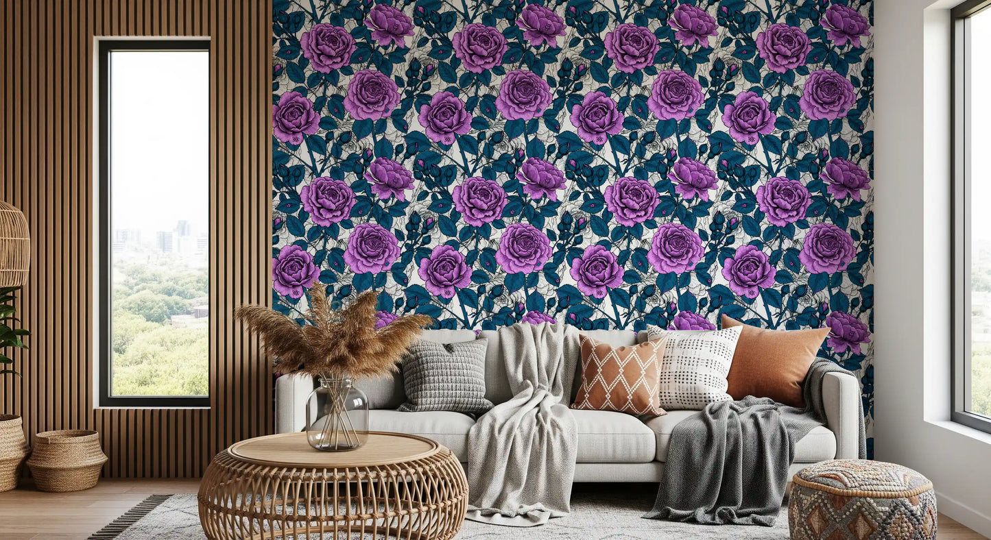 Papier peint jardin de roses violettes