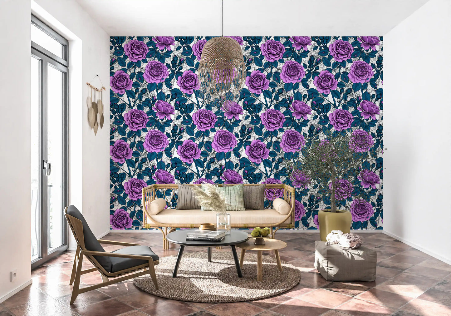 Papier peint jardin de roses violettes