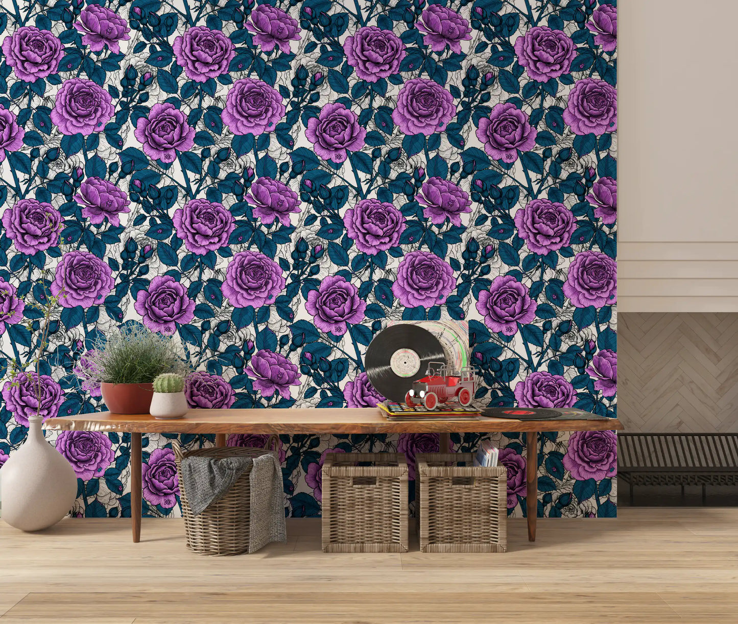 Papier peint jardin de roses violettes