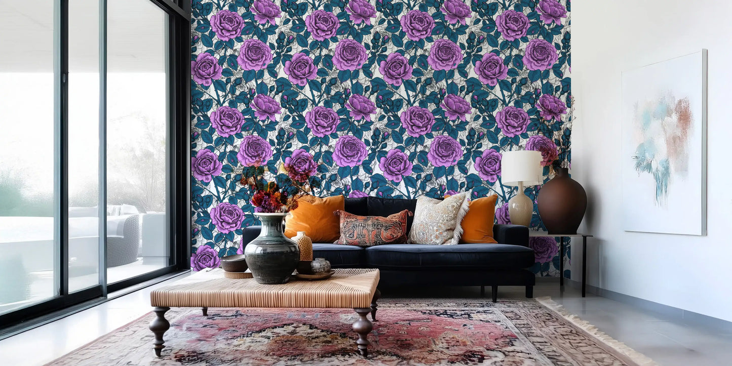 Papier peint jardin de roses violettes