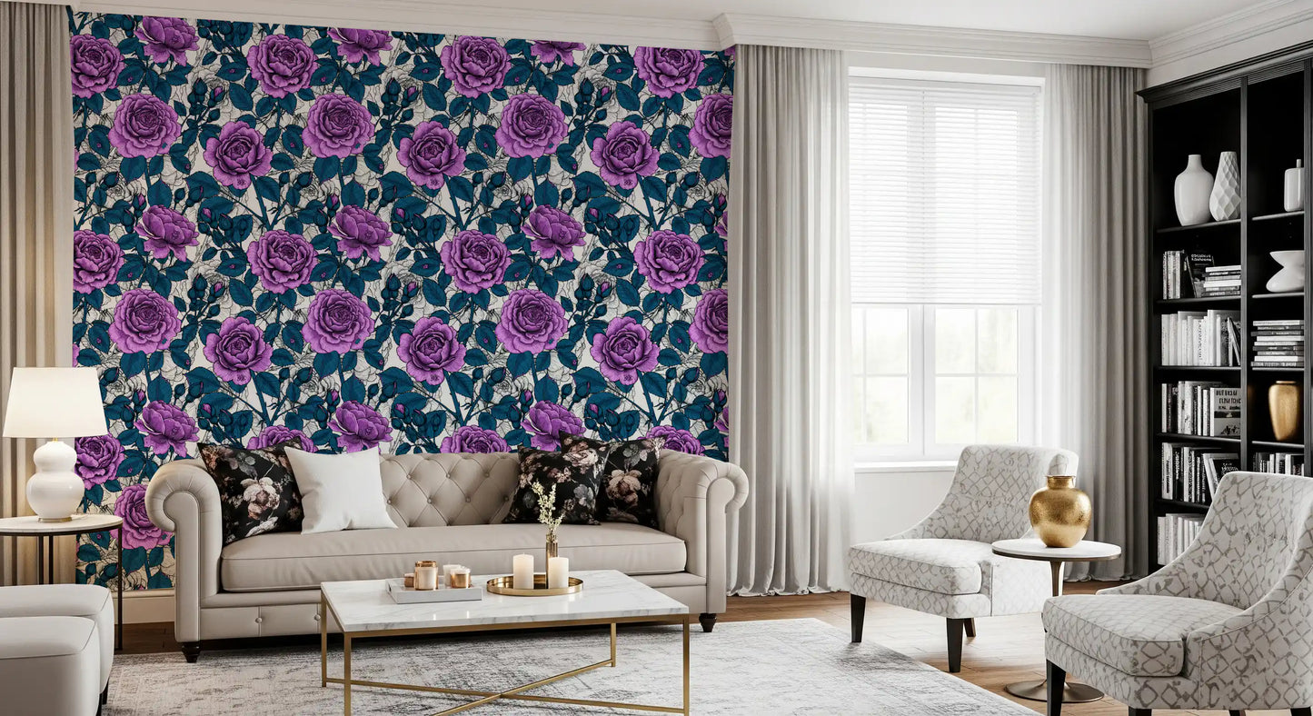 Papier peint jardin de roses violettes
