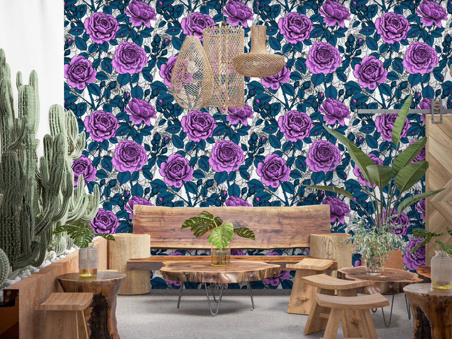 Papier peint jardin de roses violettes
