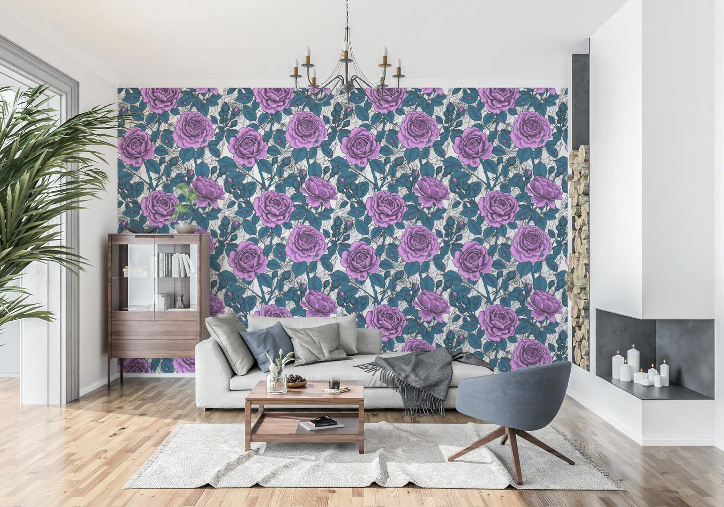 Papier peint jardin de roses violettes
