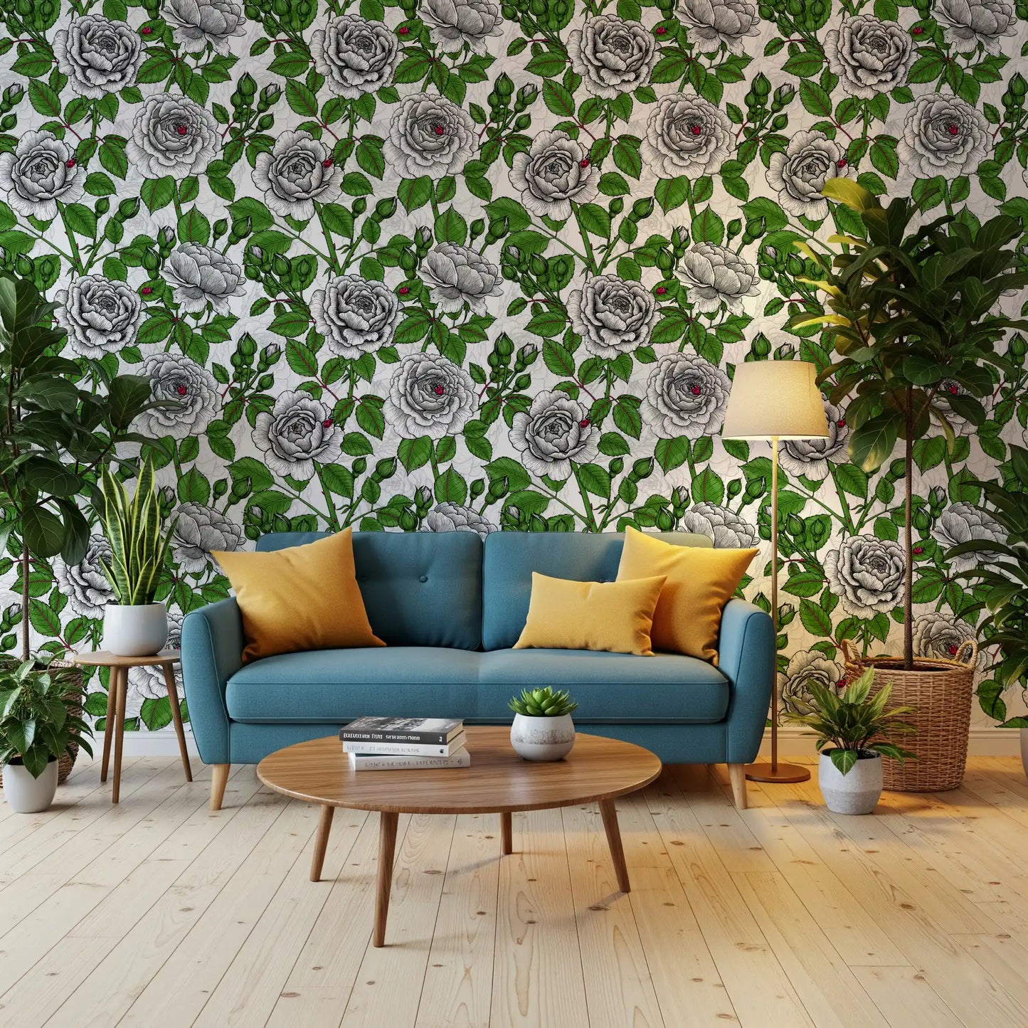 Papier peint jardin de roses blanches