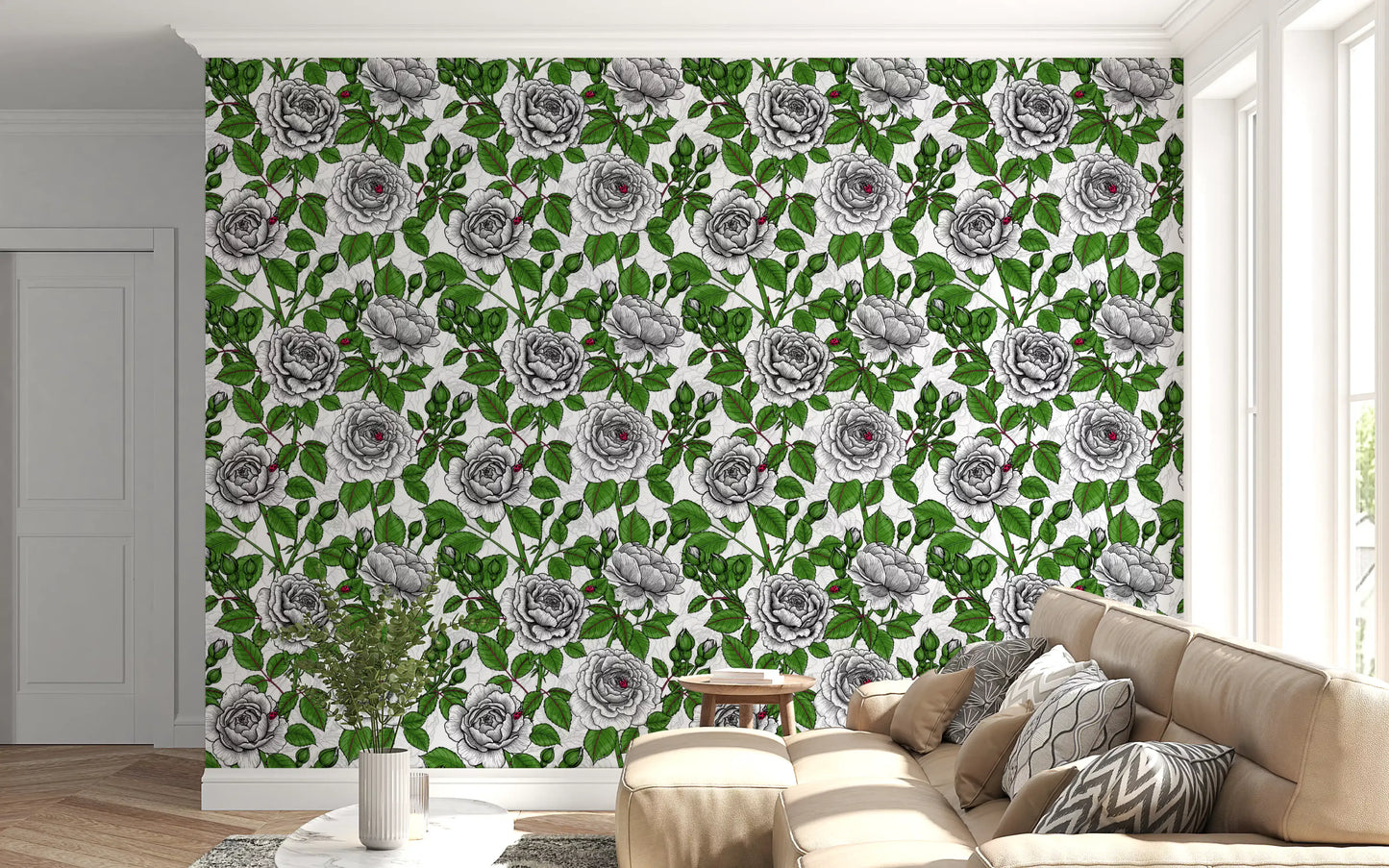 Papier peint jardin de roses blanches