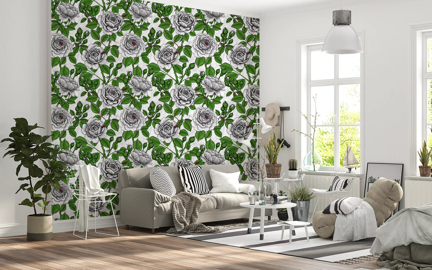 Papier peint jardin de roses blanches