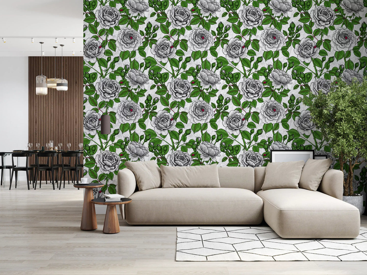 Papier peint jardin de roses blanches