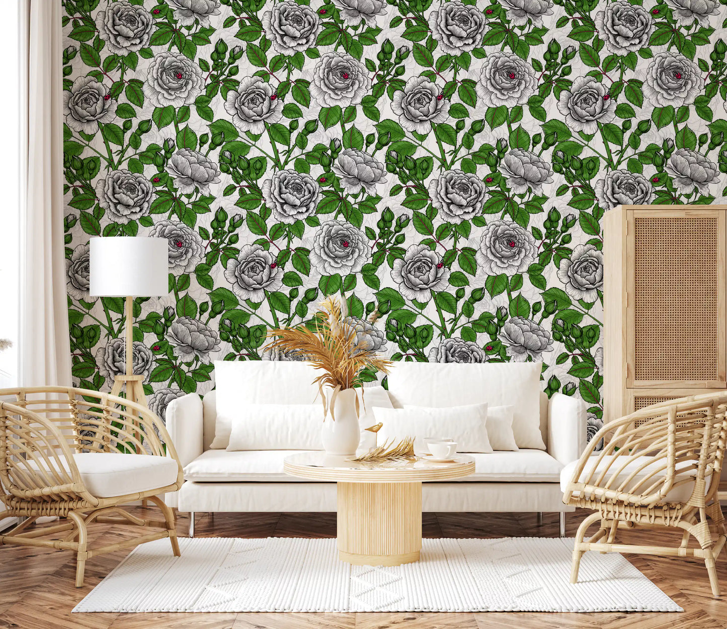 Papier peint jardin de roses blanches