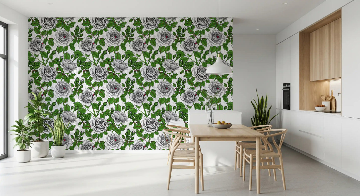 Papier peint jardin de roses blanches