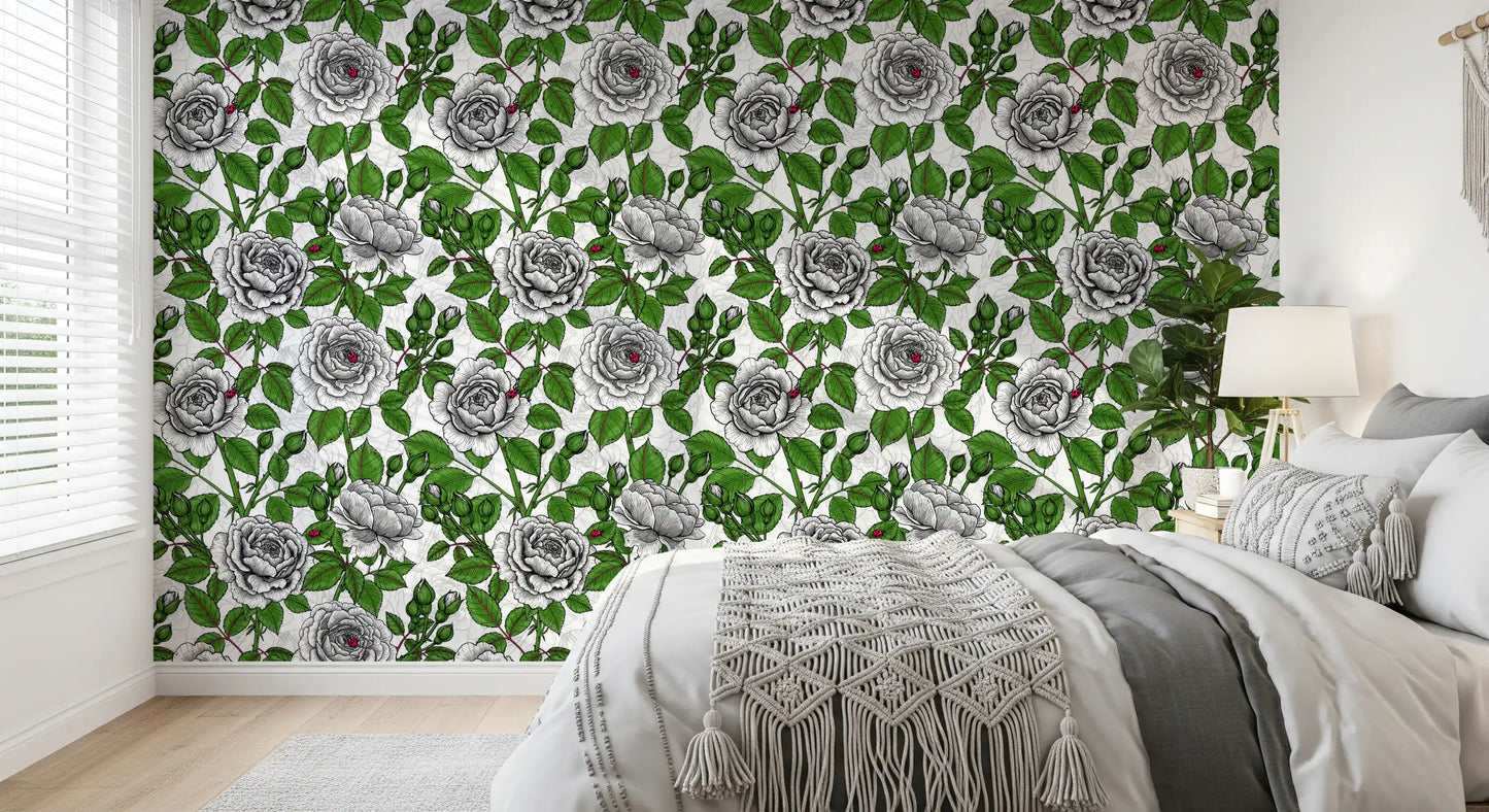 Papier peint jardin de roses blanches