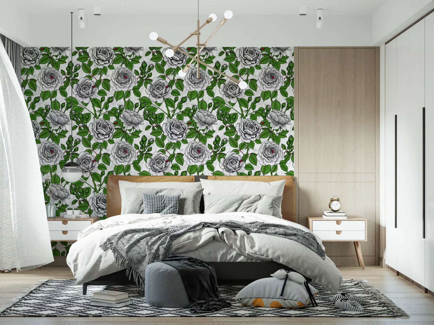Papier peint jardin de roses blanches