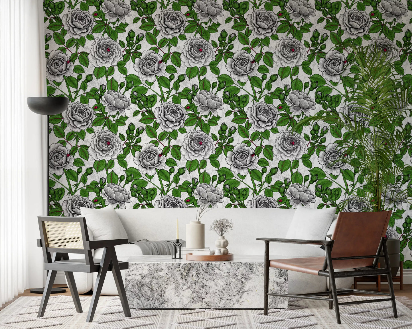 Papier peint jardin de roses blanches