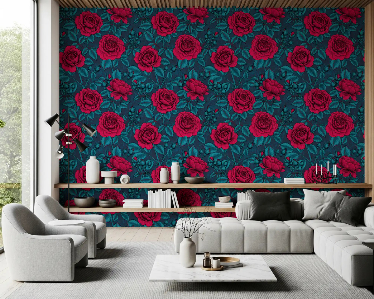Crimson roses on navy in Nocturnal Rose Garden wallpaper across a living room 
