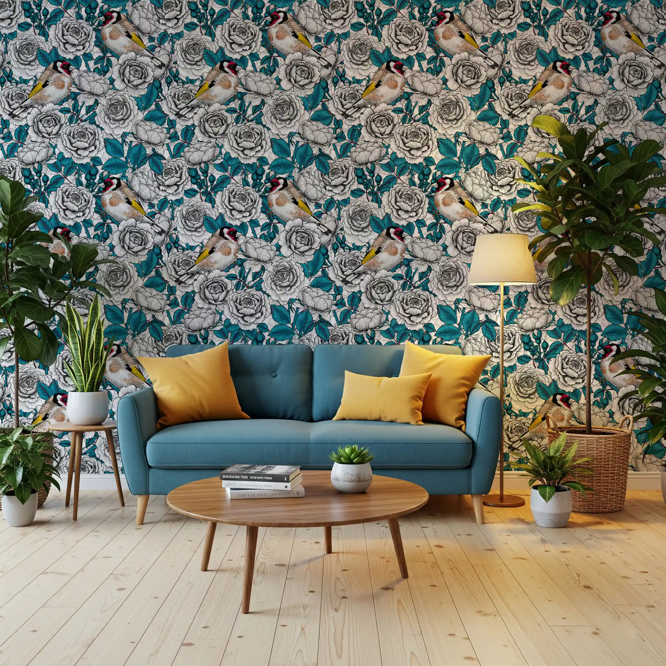 Goldfinch & White and  Teal Rose Garden Wallpaper⁠