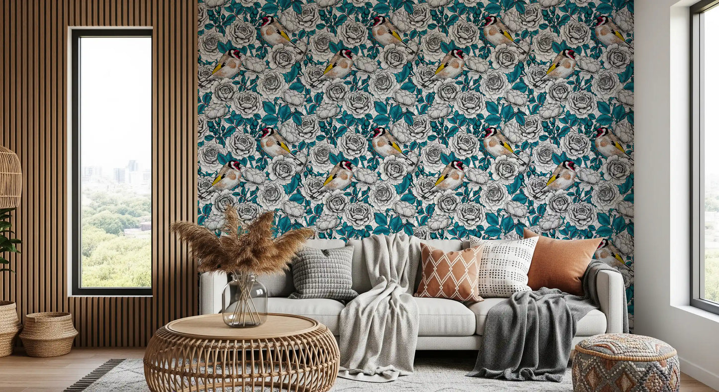 Papier peint Jardin de roses oriole et blanc et sarcelle