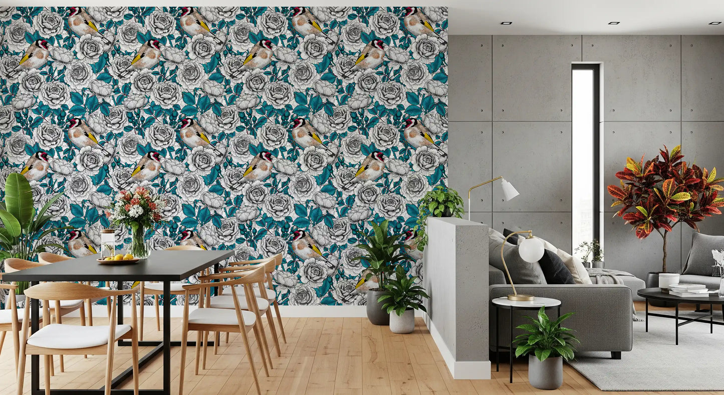 Papier peint Jardin de roses oriole et blanc et sarcelle