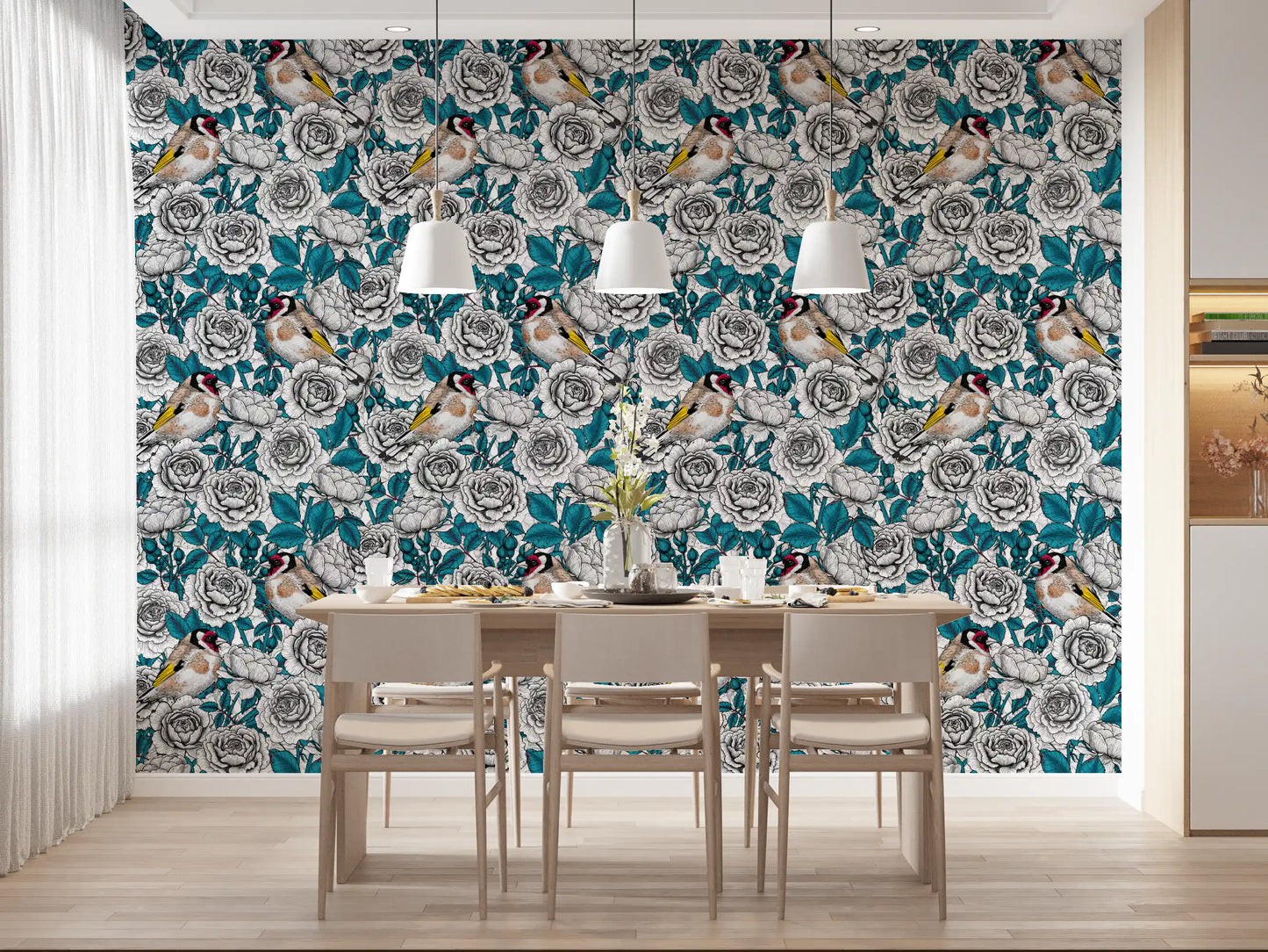 Papier peint Jardin de roses oriole et blanc et sarcelle