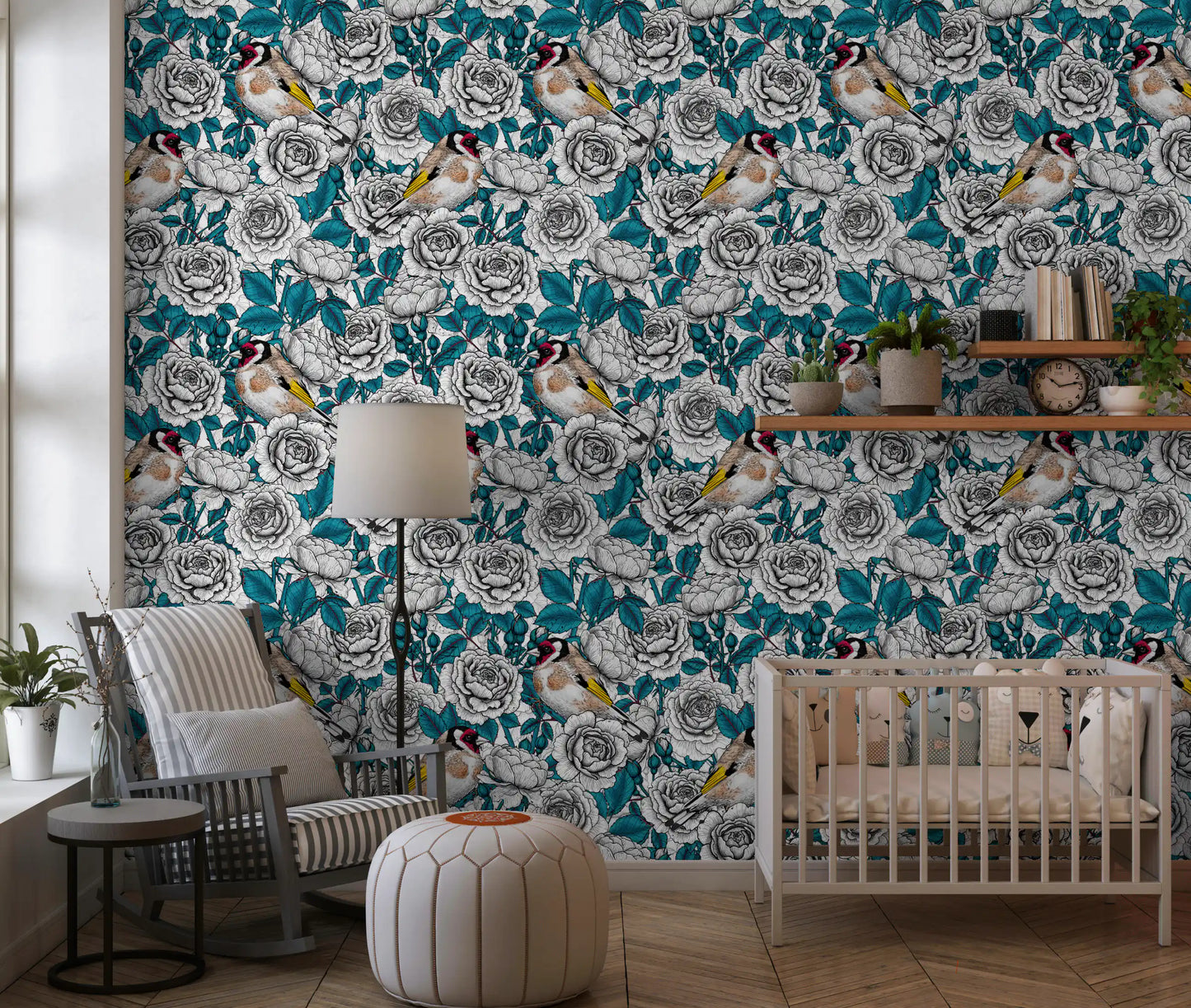 Papier peint Jardin de roses oriole et blanc et sarcelle