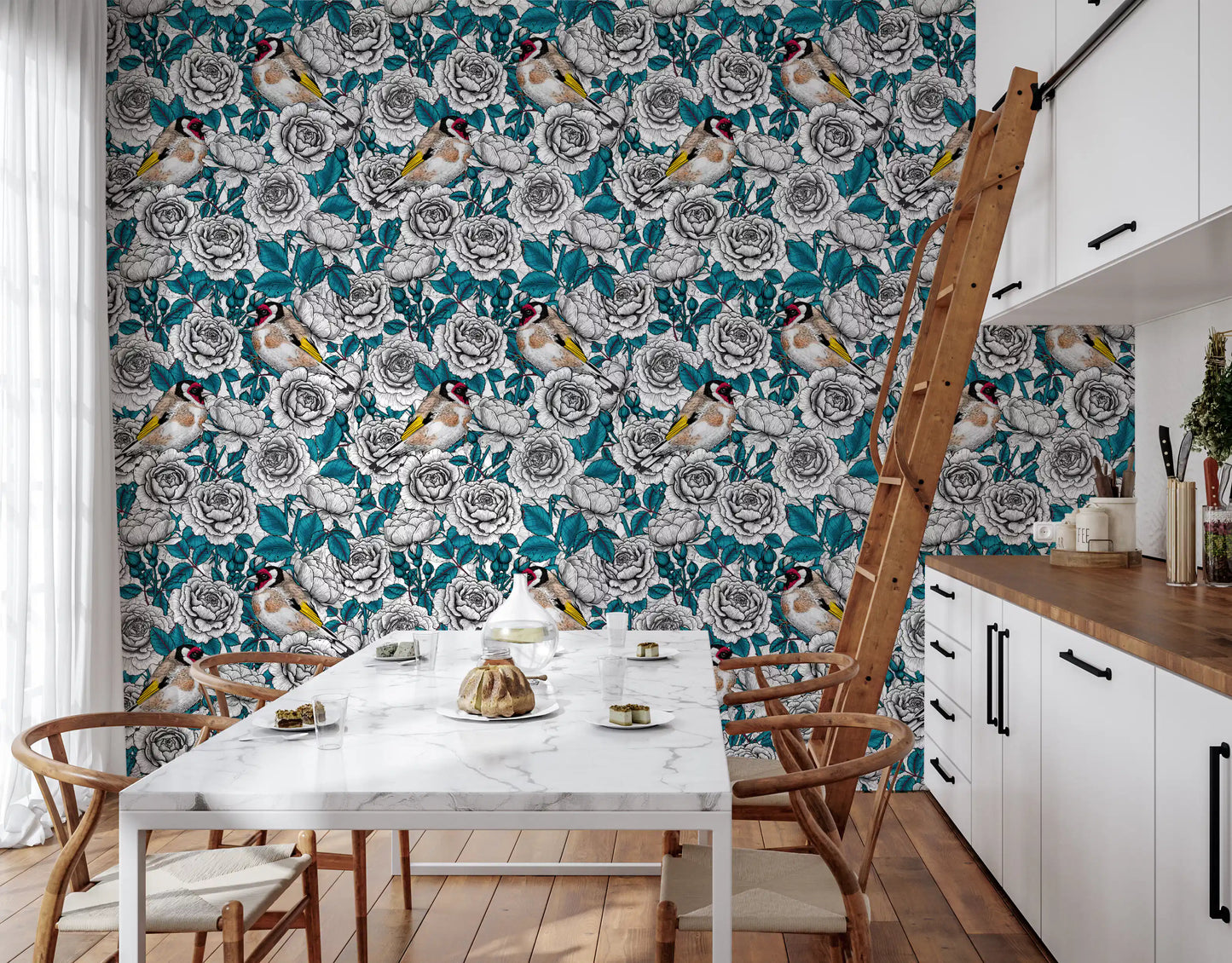 Papier peint Jardin de roses oriole et blanc et sarcelle