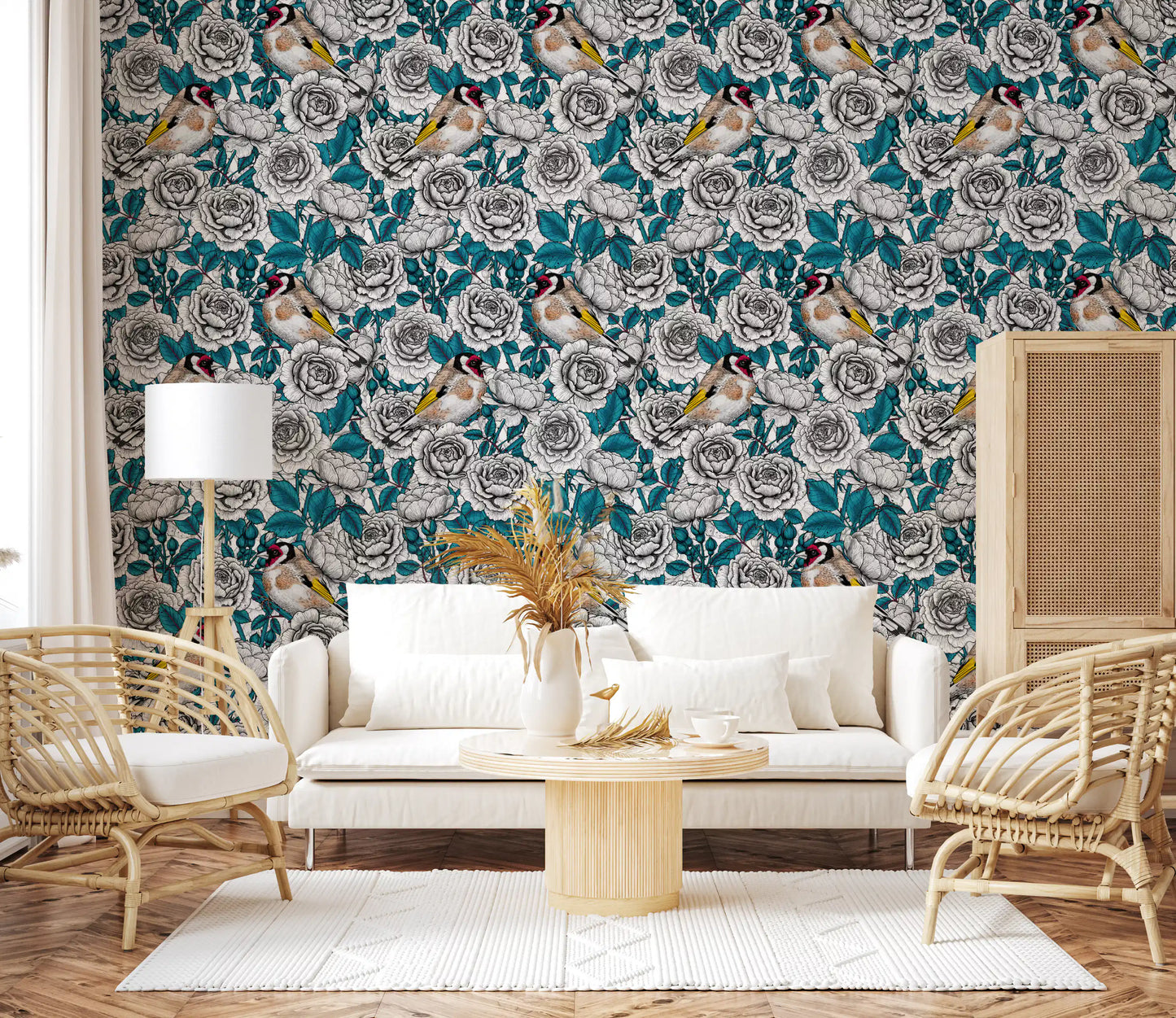 Papier peint Jardin de roses oriole et blanc et sarcelle