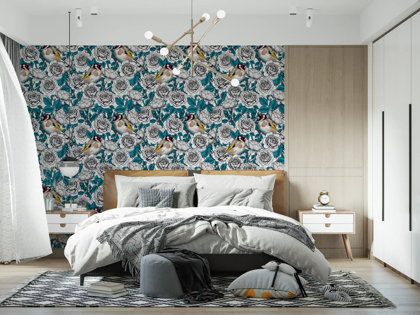 Papier peint Jardin de roses oriole et blanc et sarcelle
