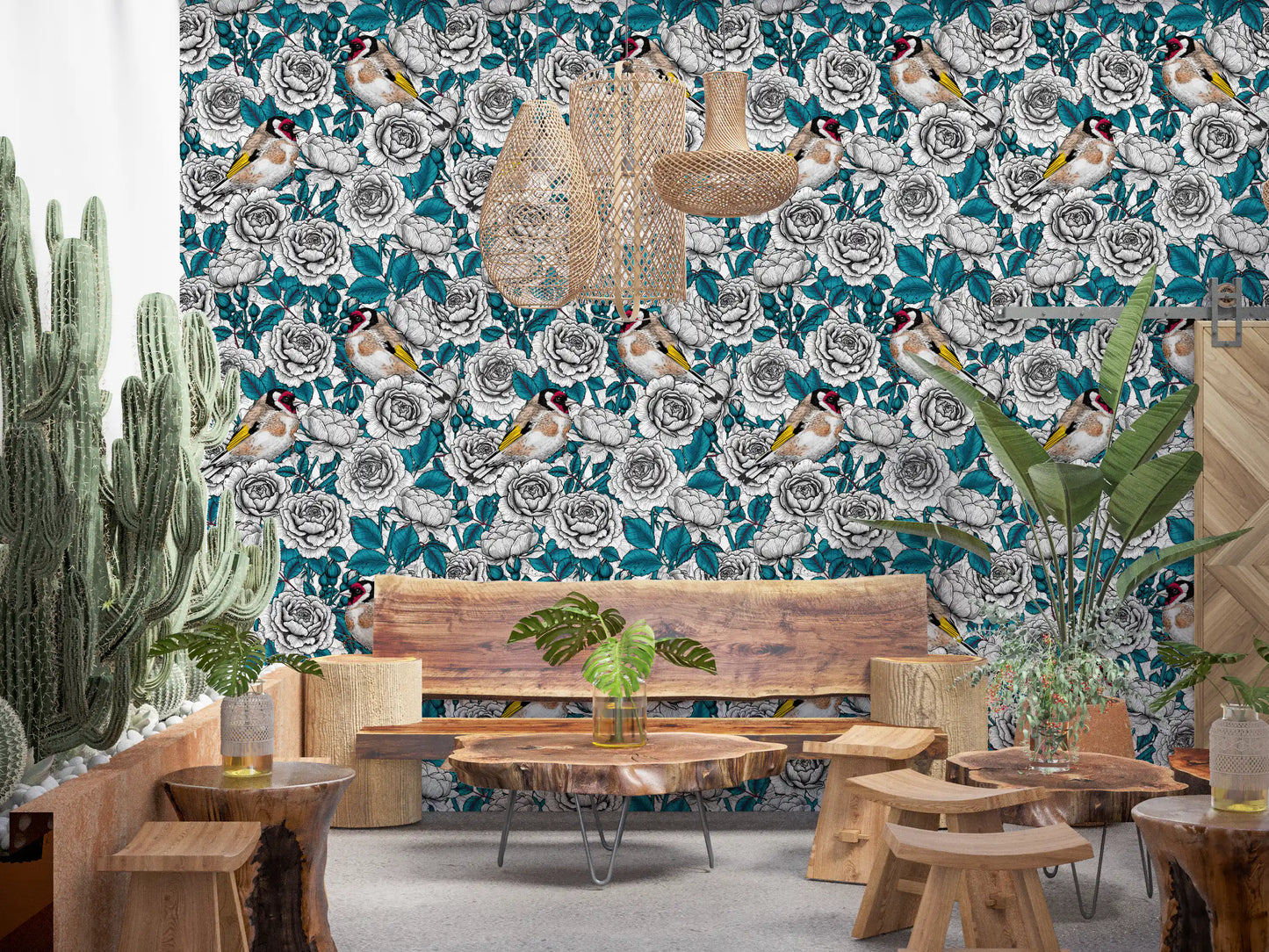 Papier peint Jardin de roses oriole et blanc et sarcelle