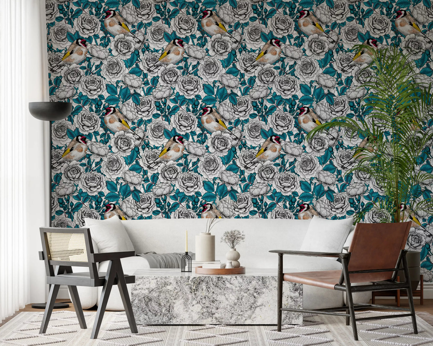 Papier peint Jardin de roses oriole et blanc et sarcelle