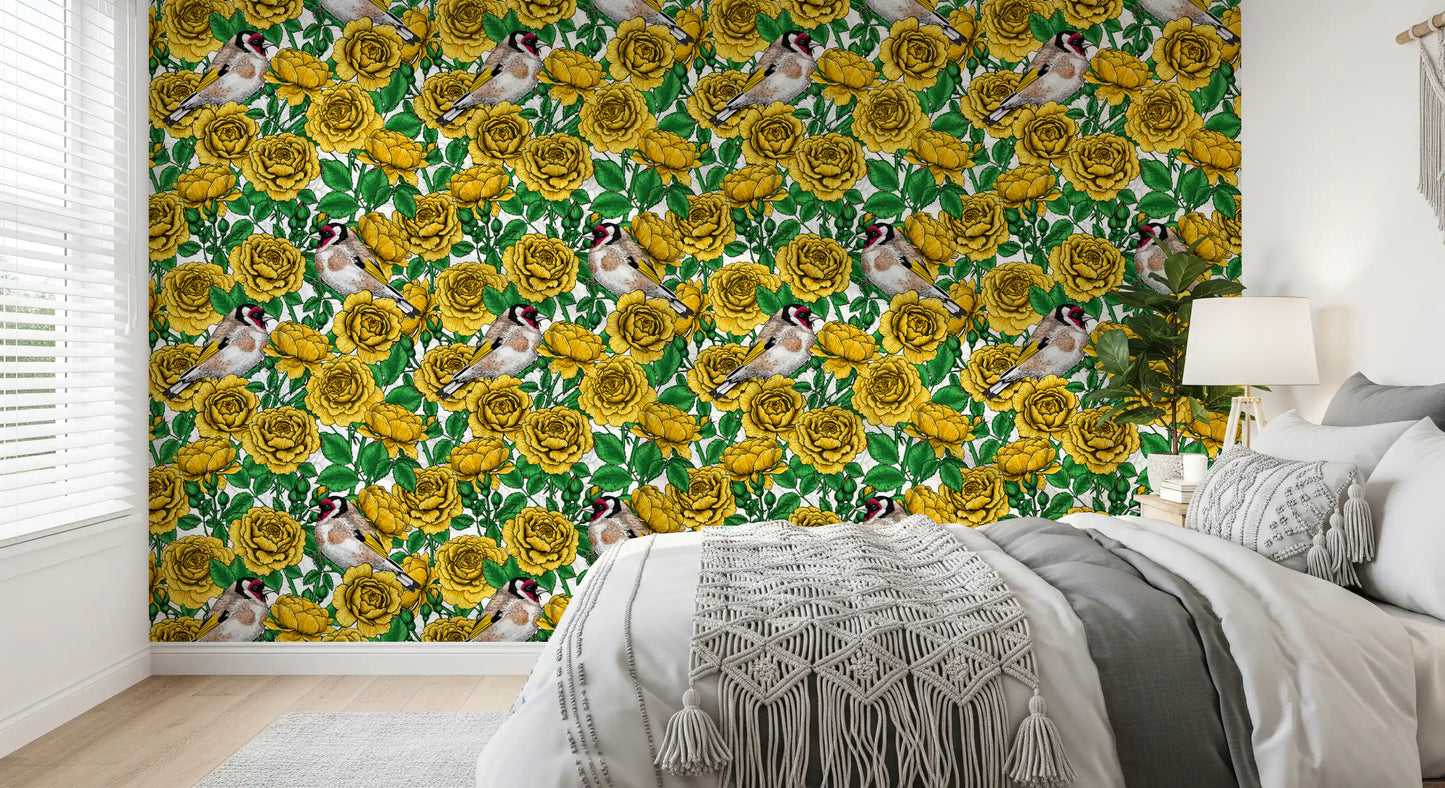Papier peint Roses dorées et chardonnerets