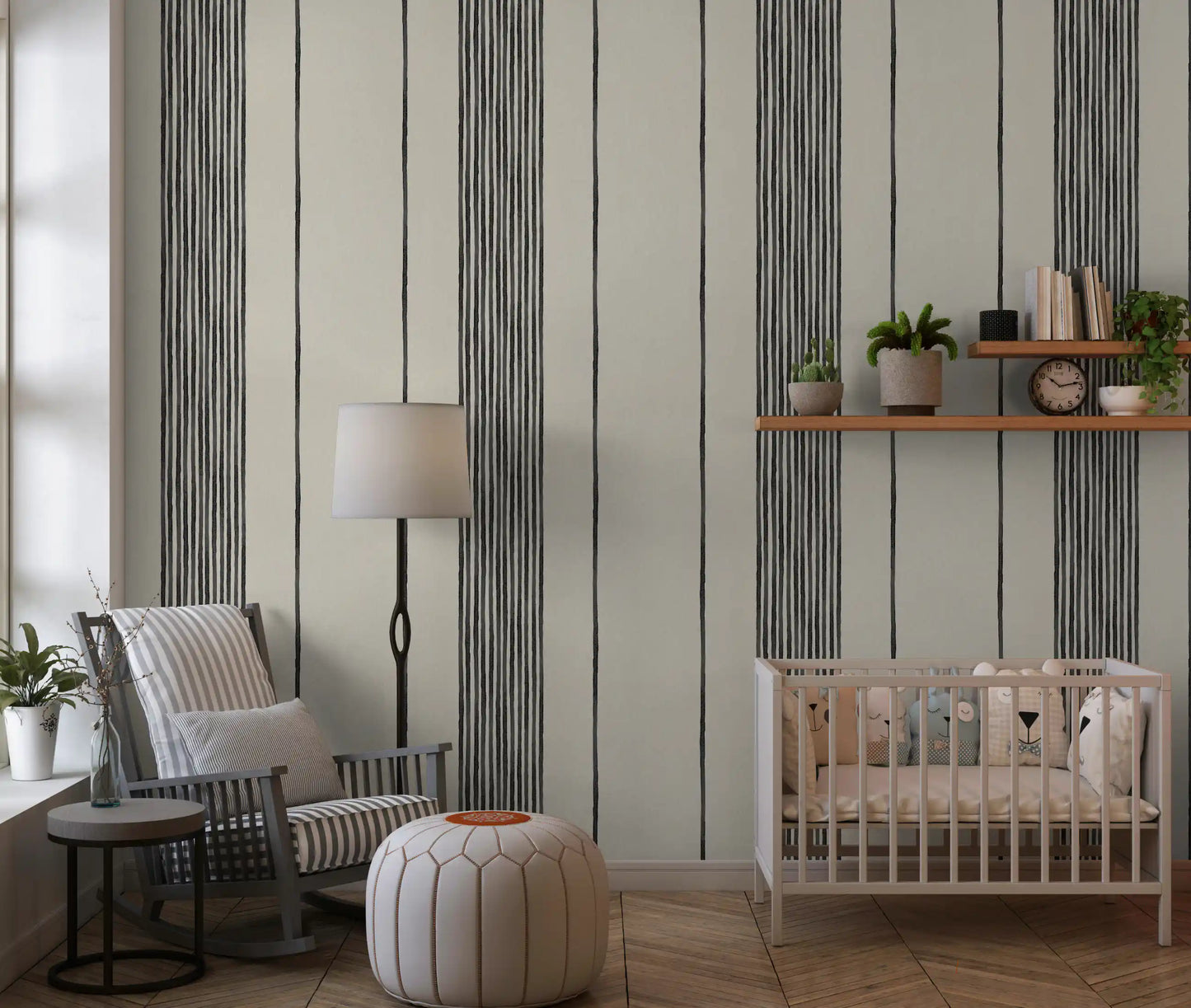 Open Nursery area carrying the striped linen wallpaper across a single span