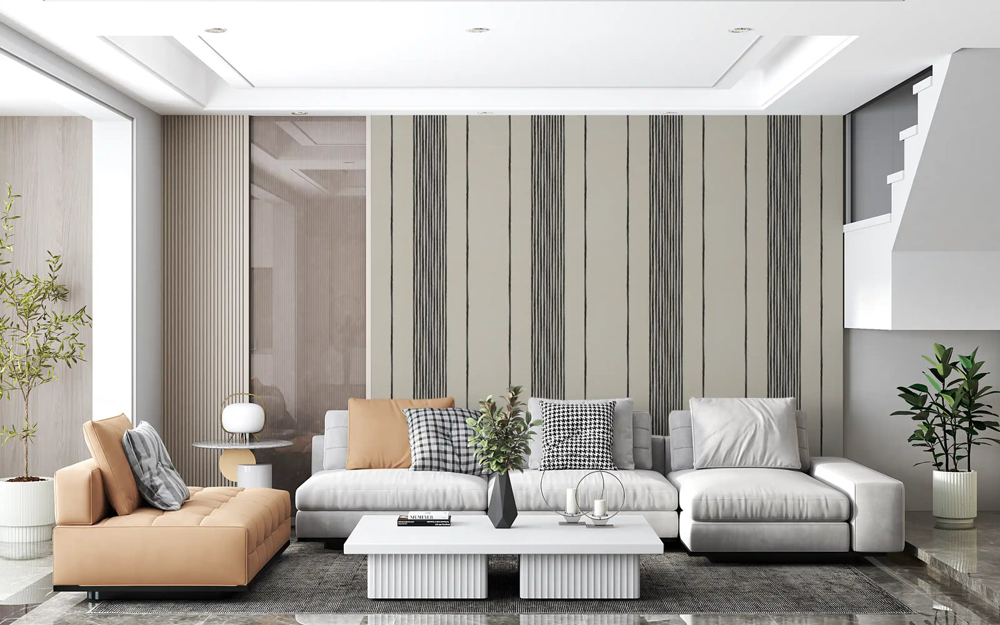 Close detail of the Artisanal Striped Linen Wallpaper showing painterly charcoal bands