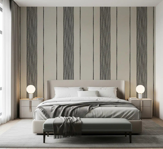 Bedroom backdrop with Artisanal Striped Linen Wallpaper 