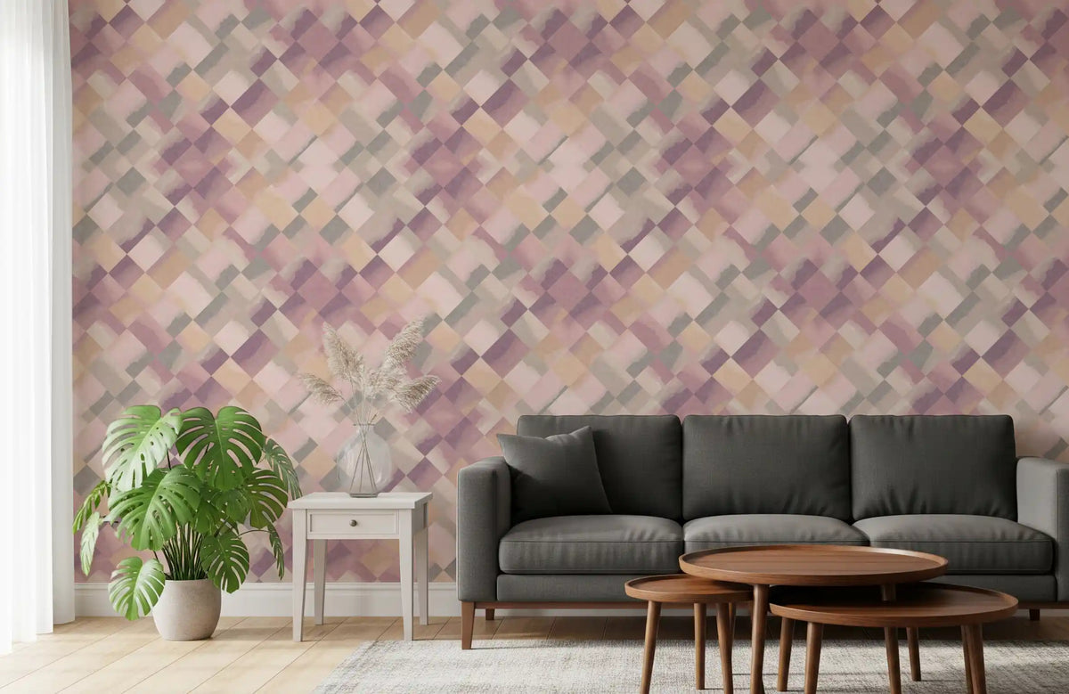 Diagonal pink and mauve squares fill a living room with Relax Sunrise Checker wallpaper.