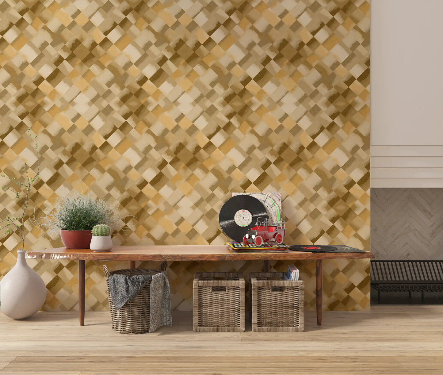 Papier peint damier peint ocre Relax