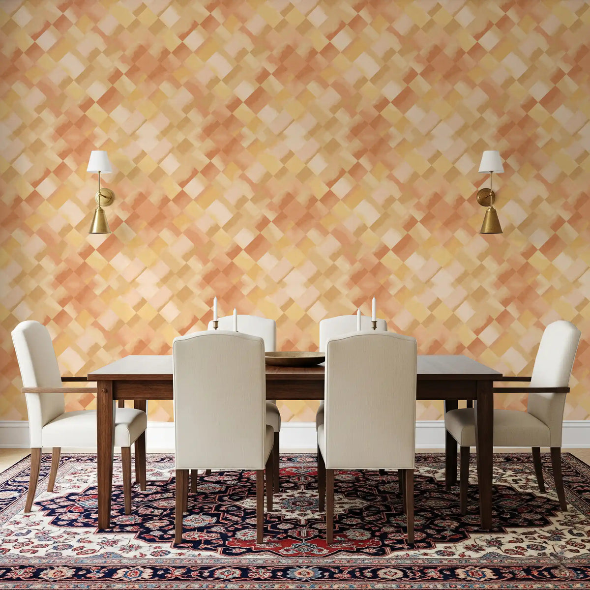 Peach and gold squares fill the dining room as Relax Sunny Painted Checker wallpaper.