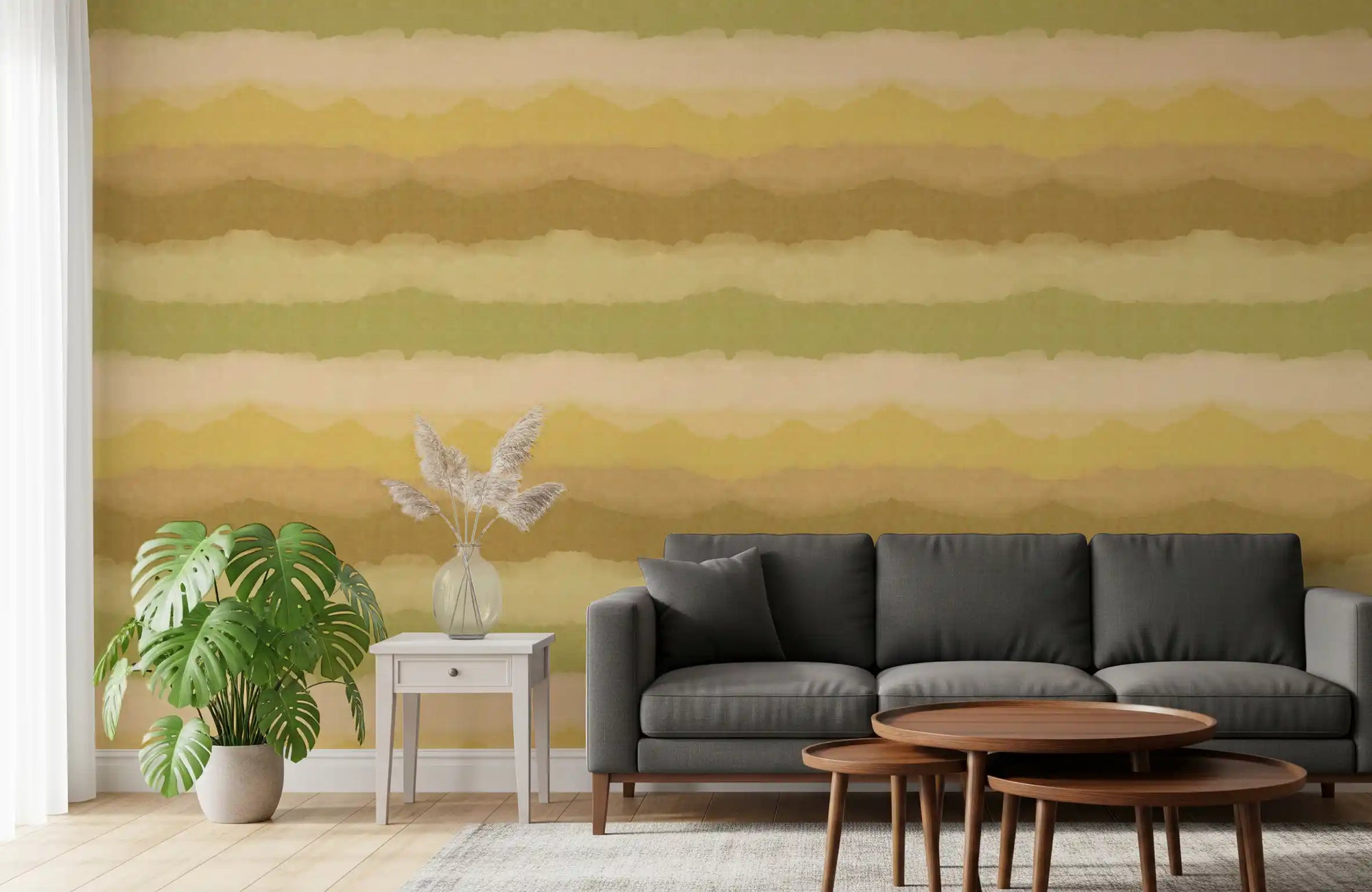 Olive, mustard and cream bands cross a living room in Painted Horizon wallpaper.