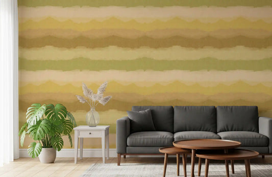Olive, mustard and cream bands cross a living room in Painted Horizon wallpaper.