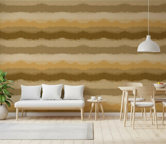 Dining room with the Relax Ocher Painted Horizon Wallpaper warming a feature side.