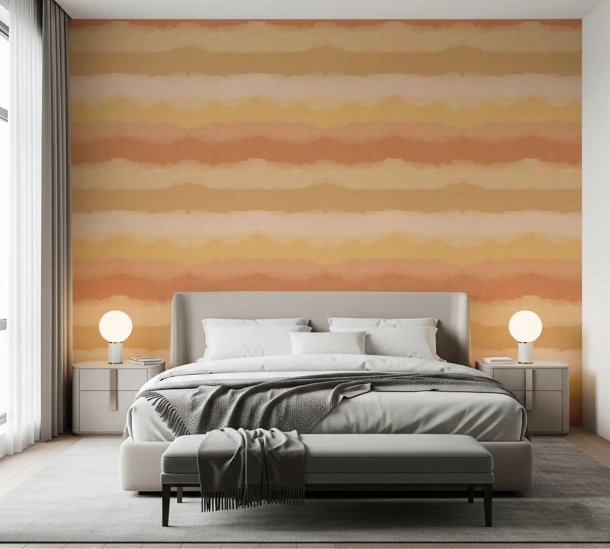 Relax Sunny Painted Horizon Wallpaper warms a bedroom with peach and ochre bands.