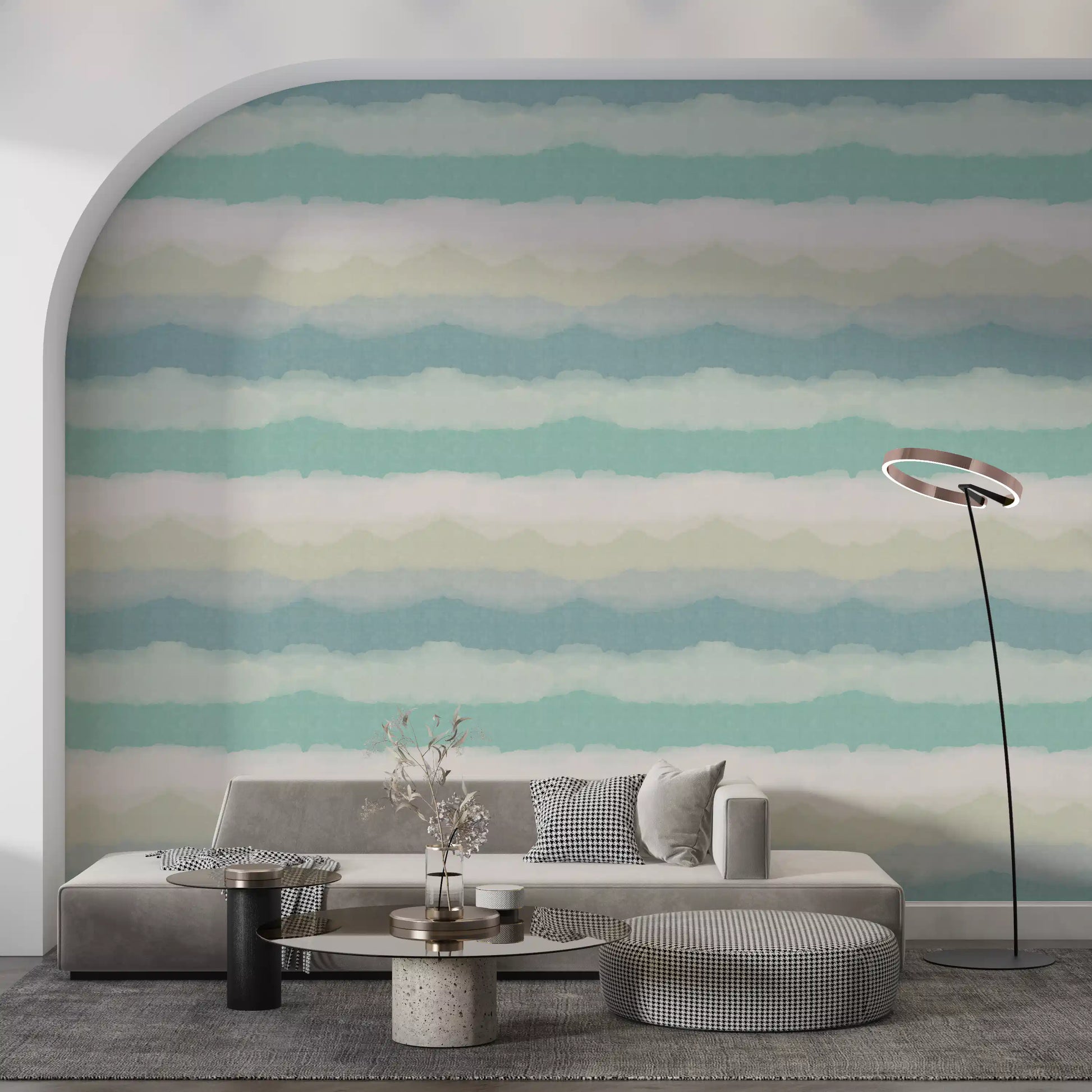 Watercolour edges blur between bands on the Relax Watery Horizon wallpaper finish.