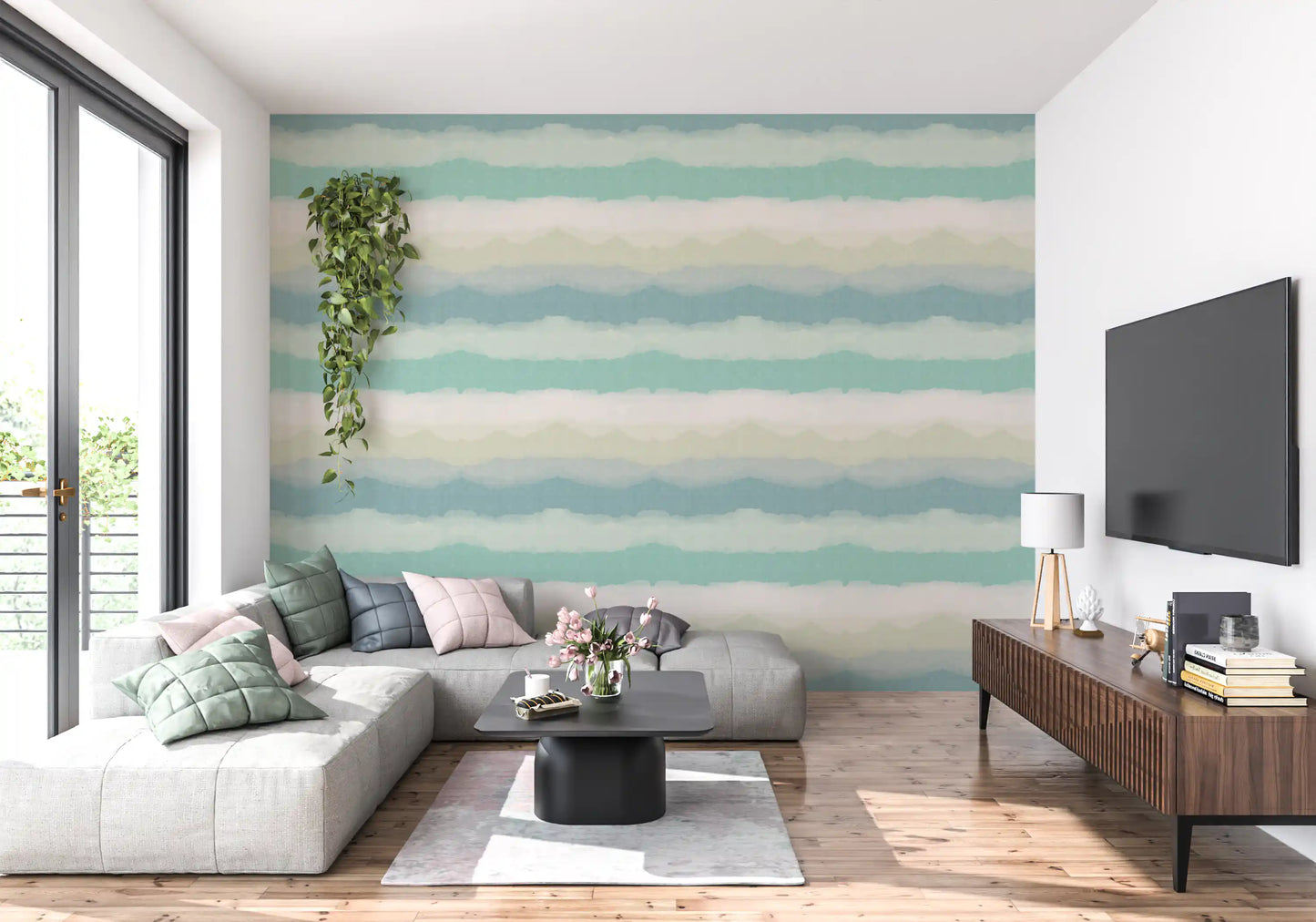 Teal, cream, sage and dusty blue blend through Relax Watery Painted Horizon wallpaper.