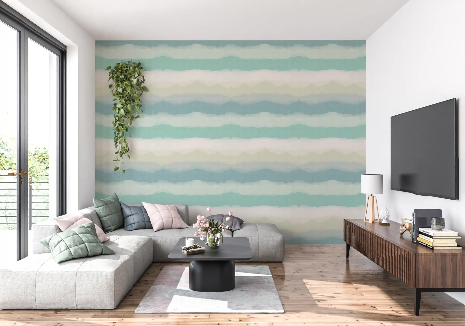 Teal, cream, sage and dusty blue blend through Relax Watery Painted Horizon wallpaper.