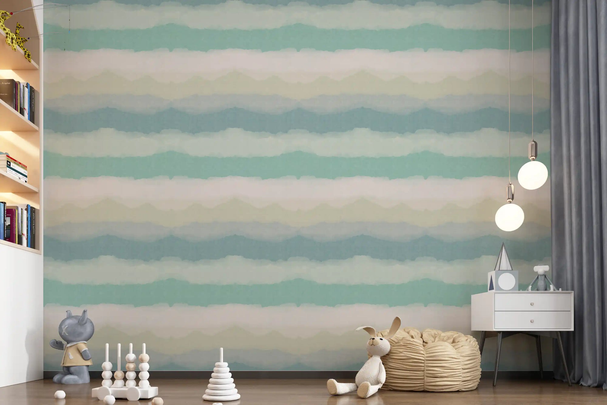 Misty watercolour bands lift behind a Nursery inside the Relax Watery Horizon wallpaper.