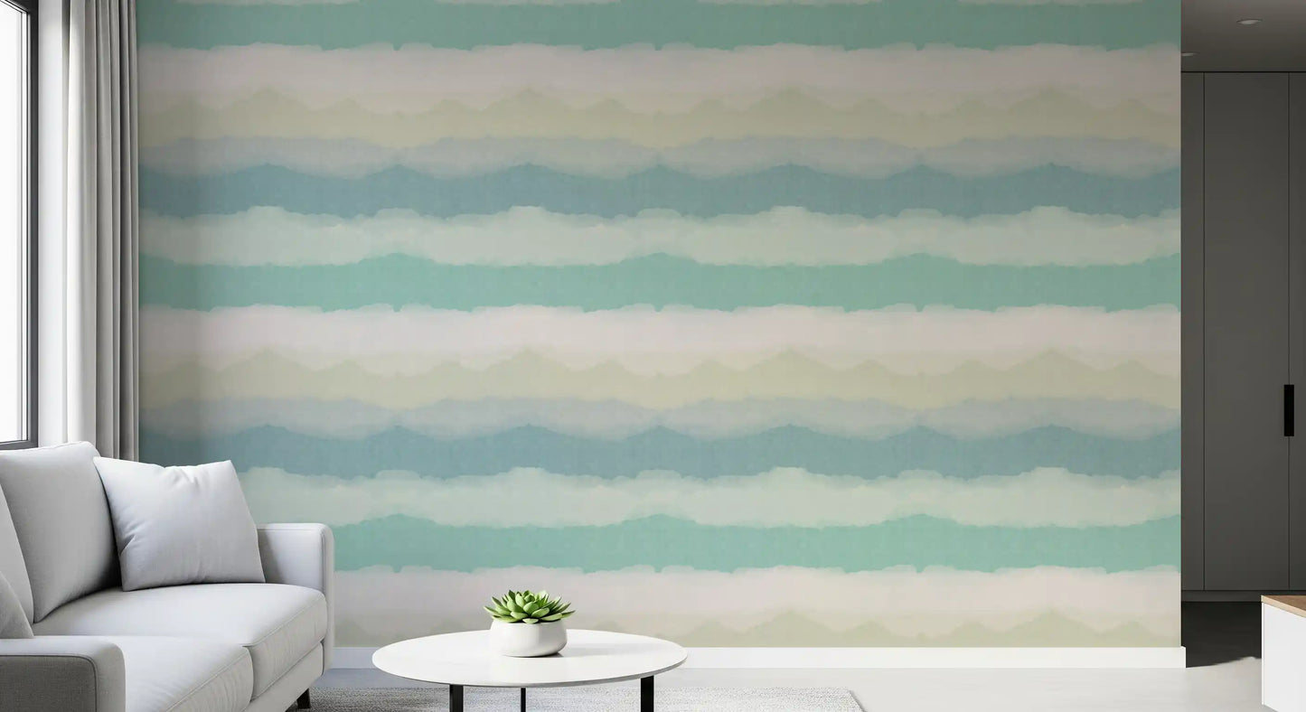 Watercolour ridges fade through a living room beside the Relax Watery Horizon wallpaper.