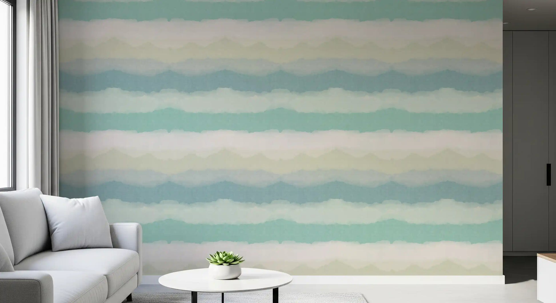 Watercolour ridges fade through a living room beside the Relax Watery Horizon wallpaper.